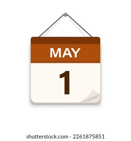 1 de mayo, icono del calendario con sombra. Día, mes. Hora de cita de la reunión. Fecha de programación del evento. Ilustración vectorial plana. 