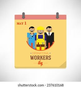 May 1, International Workers Day, flat design vector illustration on calendar page.