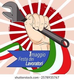 May 1 Labor day, International Workers' Day in Italian  banner, poster, greeting card. Worker hold wrench and Italy flag ribbon.