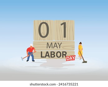 May 1 , workers' day.on wooden base date and text and workers next to them .