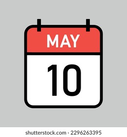 May 10, red and white color calendar page with black outline, calendar date vector illustration