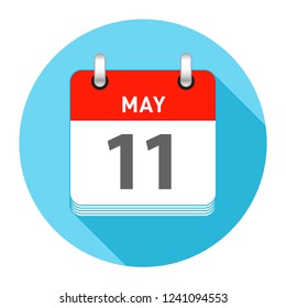 May 11 Date on a Single Day Calendar in Flat Style with long flat shadow on a blue background