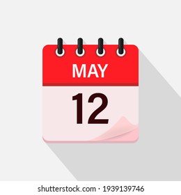 12 de mayo, icono del calendario con sombra. Día, mes. Ilustración vectorial plana.