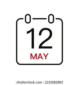 Fecha del 12 de mayo en el calendario, icono de trazo de línea vectorial para la interfaz de usuario. Calendario con fecha, ilustración vectorial.