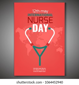 May 12 International nurse day vertical poster with the world map and stethoscope image. Editable vector illustration in green and pink colors. Medical and healthcare concept.