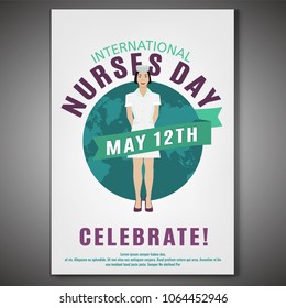 May 12 International nurse day vertical poster with the world map and female image. Vector illustration in green and violet colors isolated on a light background. Medical and healthcare concept.