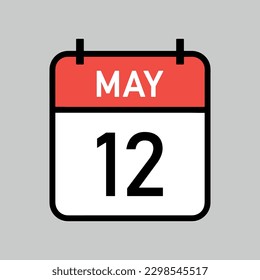 May 12, red and white color calendar page with black outline, calendar date vector illustration