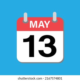 Icono del calendario del 13 de mayo. Signo de recordatorio de fecha calendario del 13 de mayo. Símbolo de vacaciones. Signo de día especial. estilo plano.