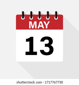 May - 13 Calendar Icon. Calendar Icon with shadow. Flat style. Date, day and month.