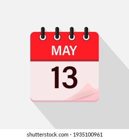 13 de mayo, icono del calendario con sombra. Día, mes. Ilustración vectorial plana.