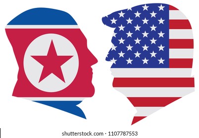 MAY 14, 2018: US President Donald Trump and Kim Jong Un silhouettes with United States America  and North Korea Flags Illustration. Summit June 2018 between USA and North Korea leaders in Singapore