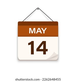 May 14, Calendar icon with shadow. Day, month. Meeting appointment time. Event schedule date. Flat vector illustration. 