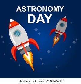 May 14 Day of Astronomy. Vector illustration in flat style about outer space. Planets in the, rocket in space. Greeting card