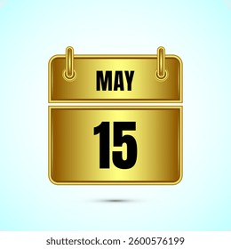 May 15 calendar and time planner on gold background. Daily calendar icon, schedule symbol