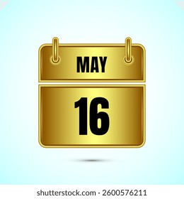 May 16 calendar and time planner on gold background. Daily calendar icon, schedule symbol