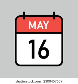 May 16, red and white color calendar page with black outline, calendar date vector illustration