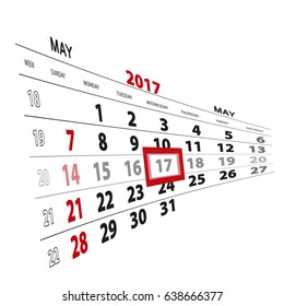 May 17, highlighted on 2017 calendar. Vector Illustration.