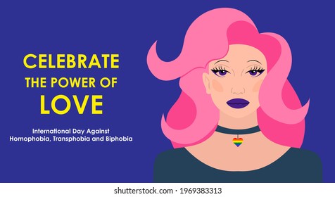 May 17 - The International Day Against Homophobia, Transphobia And Biphobia. Drag Queen With Pink Hair And A Heart Shaped Pendant Painted In The Colors Of Pride Flag. Template For Background, Banner.