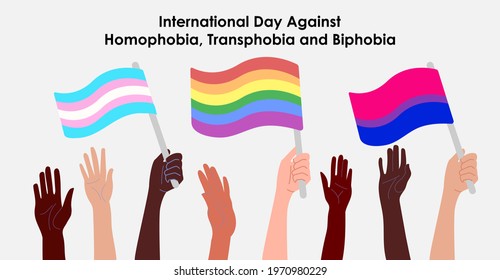 May 17 - The International Day Against Homophobia, Transphobia and Biphobia. Horizontal poster with different skin color hand with LGBTQ flags. Vector illustration in flat style. Eps 10.