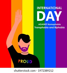 May 17 - The International Day Against Homophobia, Transphobia and Biphobia. A beautiful LGBT man with a purple beard wearing a proud T-shirt. Vector illustration in flat style. Eps 10.