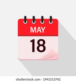 May 18, Calendar icon with shadow. Day, month. Flat vector illustration.