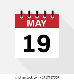 May - 19 Calendar Icon. Calendar Icon with shadow. Flat style. Date, day and month.