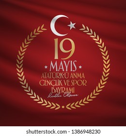 May 19 Commemoration of Ataturk, Youth and Sports Day. Billboard, Poster, Social Media, Greeting Card template. (Turkish: 19 Mayis Ataturk'u Anma, Genclik ve Spor Bayrami Kutlu Olsun.)