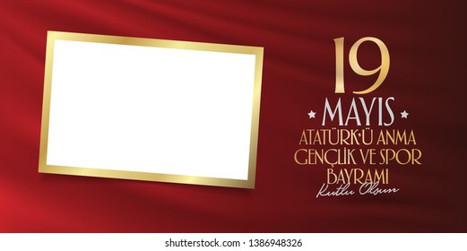 May 19 Commemoration of Ataturk, Youth and Sports Day. Billboard, Poster, Social Media, Greeting Card template. (Turkish: 19 Mayis Ataturk'u Anma, Genclik ve Spor Bayrami Kutlu Olsun.)