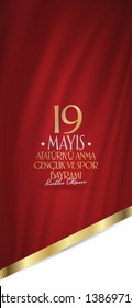 May 19 Commemoration of Ataturk, Youth and Sports Day. Billboard, Poster, Social Media, Greeting Card template. (Turkish: 19 Mayis Ataturk'u Anma, Genclik ve Spor Bayrami Kutlu Olsun.)