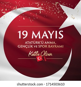 19 de mayo Conmemoración turca del Ataturk, Día de la Juventud y el Deporte Badge tipográfico. (Turco: 19 Mayis, Ataturk'u Anma, Genclik ve Spor Bayrami) símbolo de la bandera turca.