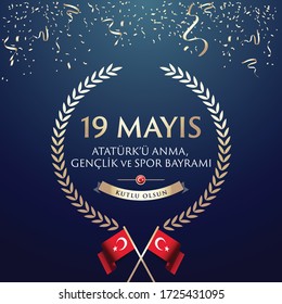 May 19th Turkish Commemoration of Ataturk, Youth and Sports Day Typographic Badge. (Turkish: 19 Mayis, Ataturk'u Anma, Genclik ve Spor Bayrami) Turkish flag symbol.