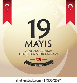 May 19th Turkish Commemoration of Ataturk, Youth and Sports Day Typographic Badge. (Turkish: 19 Mayis, Ataturk'u Anma, Genclik ve Spor Bayrami) Turkish flag symbol.