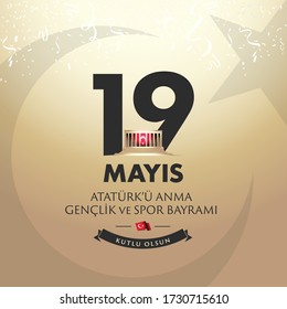 May 19th Turkish Commemoration of Ataturk, Youth and Sports Day Typographic Badge. (Turkish: 19 Mayis, Ataturk'u Anma, Genclik ve Spor Bayrami) Turkish flag symbol.
