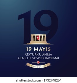 May 19th Turkish Commemoration of Ataturk, Youth and Sports Day Typographic Badge. (Turkish: 19 Mayis, Ataturk'u Anma, Genclik ve Spor Bayrami) Turkish flag symbol.
