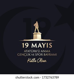 May 19th Turkish Commemoration of Ataturk, Youth and Sports Day Typographic Badge. (Turkish: 19 Mayis, Ataturk'u Anma, Genclik ve Spor Bayrami) Turkish flag symbol and silhouette of founder.