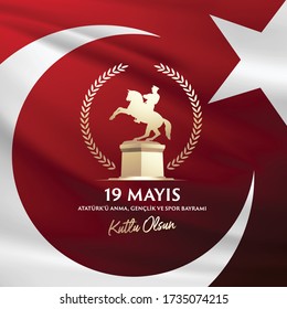 19 de mayo Conmemoración turca de Ataturk, Día de la Juventud y el Deporte Insignia Tipográfica. (Turco: 19 Mayis, Ataturk'u Anma, Genclik ve Spor Bayrami) símbolo de la bandera turca.