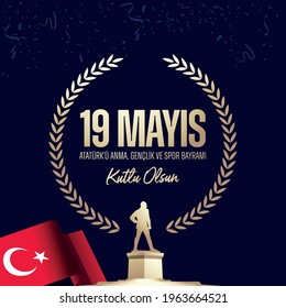 May 19th Turkish Commemoration of Ataturk, Youth and Sports Day Typographic Badge. (Turkish: 19 Mayis, Ataturk'u Anma, Genclik ve Spor Bayrami) Turkish flag symbol and silhouette of founder.