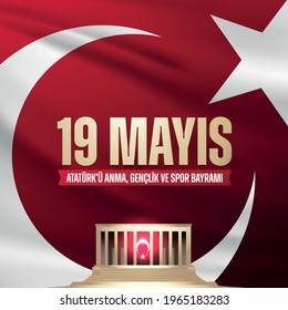 May 19th Turkish Commemoration of Ataturk, Youth and Sports Day Typographic Badge. (Turkish: 19 Mayis, Ataturk'u Anma, Genclik ve Spor Bayrami) Turkish Flag and Mausoleum of M.K. Ataturk.