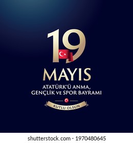 May 19th Turkish Commemoration of Ataturk, Youth and Sports Day Typographic Badge. (Turkish: 19 Mayis, Ataturk'u Anma, Genclik ve Spor Bayrami) Turkish flag symbol.