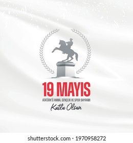 May 19th Turkish Commemoration of Ataturk, Youth and Sports Day Typographic Badge. (Turkish: 19 Mayis, Ataturk'u Anma, Genclik ve Spor Bayrami) Turkish flag symbol and silhouette of founder.