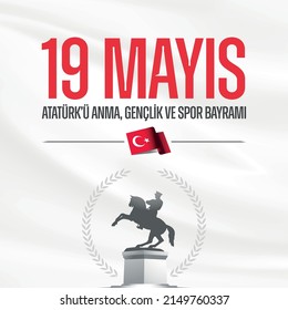 May 19th Turkish Commemoration of Ataturk, Youth and Sports Day Typographic Badge. (Turkish: 19 Mayis, Ataturk'u Anma, Genclik ve Spor Bayrami) Turkish flag symbol and silhouette of founder.