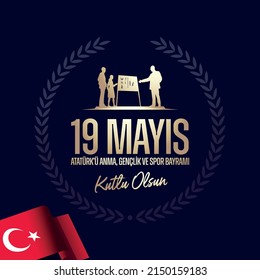 May 19th Turkish Commemoration of Ataturk, Youth and Sports Day Typographic Badge. (Turkish: 19 Mayis, Ataturk'u Anma, Genclik ve Spor Bayrami) Turkish flag symbol and silhouette of founder.