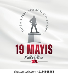 19 de mayo Conmemoración turca de Ataturk, Día de la Juventud y el Deporte Insignia Tipográfica. (Turco: 19 mayis, Ataturk'u Anma, Genclik ve Spor Bayrami) fundador de la bandera turca y de la silueta.