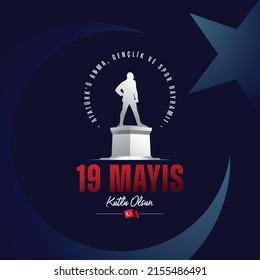 May 19th Turkish Commemoration of Ataturk, Youth and Sports Day Typographic Badge. (Turkish: 19 Mayis, Ataturk'u Anma, Genclik ve Spor Bayrami) Turkish flag symbol and silhouette of founder.