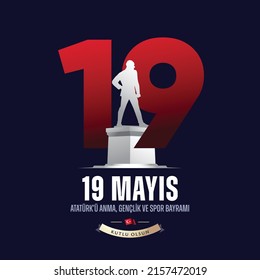 May 19th Turkish Commemoration of Ataturk, Youth and Sports Day Typographic Badge. (Turkish: 19 Mayis, Ataturk'u Anma, Genclik ve Spor Bayrami) Turkish flag symbol and silhouette of founder.