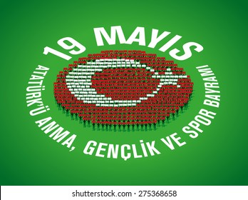 May 19th, Turkish Commemoration Of Ataturk, Youth And Sports Day, People Forming Turkish Flag (human Mosaic)