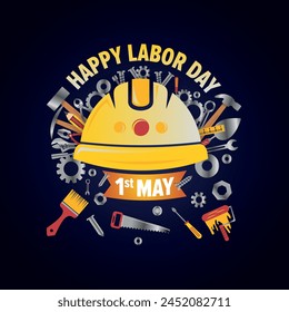 May 1st holiday happy labor day banner with labor helmet and tools