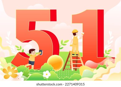 May 1st International Labor Day, workers of various professions communicating, background with buildings and plants, vector illustration