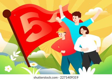 May 1st International Labor Day, workers of various professions communicating, background with buildings and plants, vector illustration