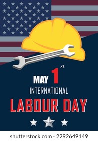 May 1st international labor day banner banner for America, USA flag in background design, workers' unity and gain human rights, global labour celebration, yellow safety helmet and wrench